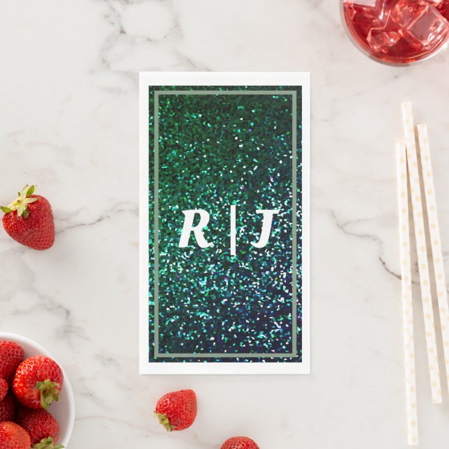 Monograms Sage Green Dusty Blue Glitter Wedding Napkin (Insitu)
