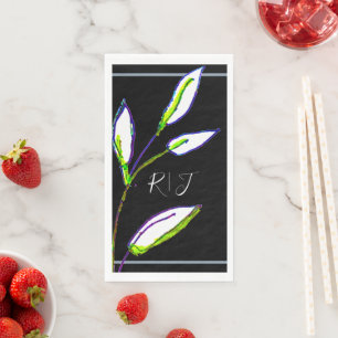 Monograms Sage Green Leaf Black White Art Wedding Napkin