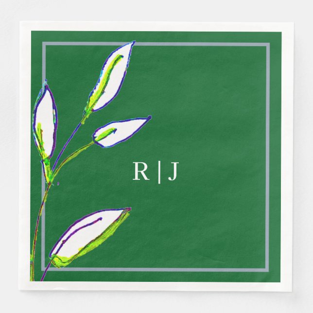 Monograms Sage Green Leaves Dusty Blue Wedding Napkin (Front)