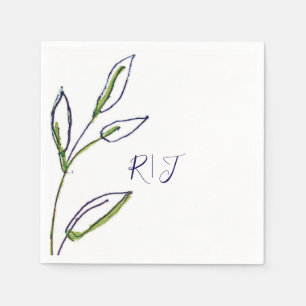 Monograms Sage Green Leaves Navy Blue Art Wedding Napkin