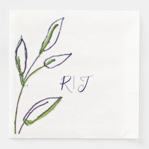 Monograms Sage Green Leaves Navy Blue Art Wedding Napkin