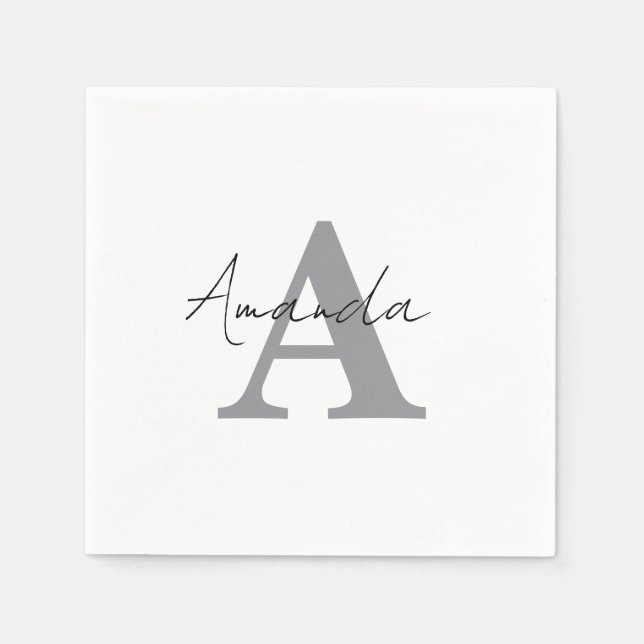 Monograms Simple Elegant Minimal Grey Black White Napkin (Front)
