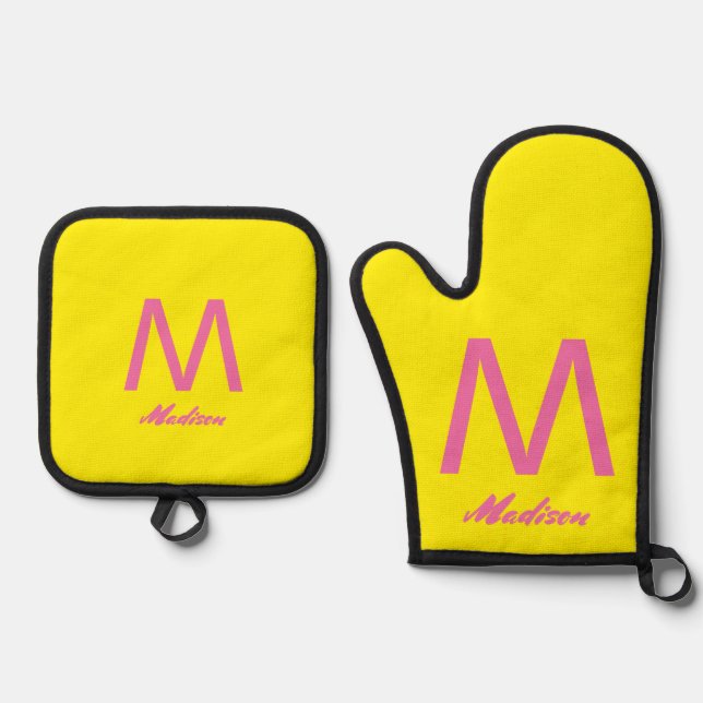 Monograms Wedding Gift Favour Colourful Pink Yello Oven Mitt & Pot Holder Set (Front)