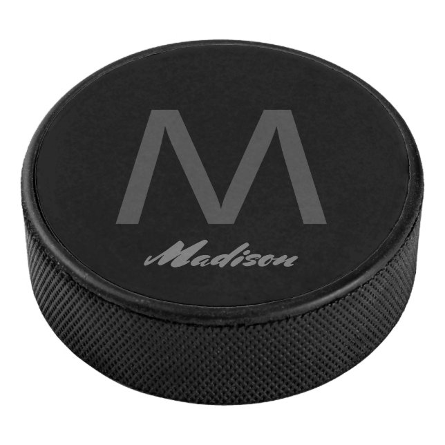 Monograms Wedding Gift Favour Elegant Grey Black Hockey Puck (3/4)