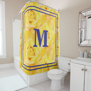 Monograms Yellow Floral Navy Blue Vintage Rustic  Shower Curtain