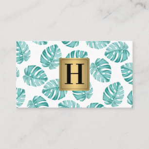 MonogramSilver Metallic / Monstera Leaf Pattern Business Card