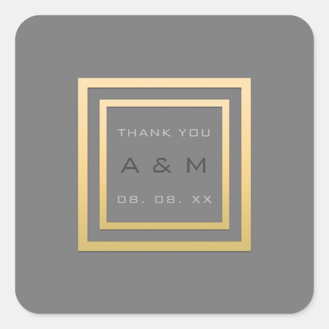 MonogramThank Gold Frame Minimal Grey Date Wedding Square Sticker (Front)