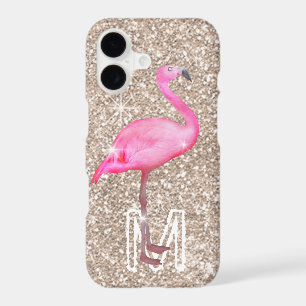 MonogramTropical Pink Flamingo Girly Gold Glitter