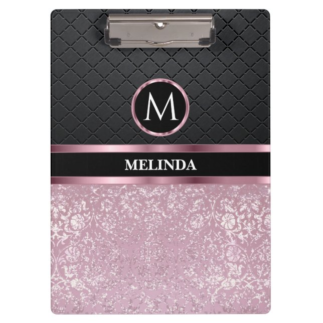 Monogrma Glittery Pretty Pink and Black   Clipboard (Front)