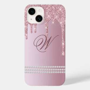 Monongram Blush Pink Glitter Drip iPhone 14,  Case-Mate iPhone 14 Case