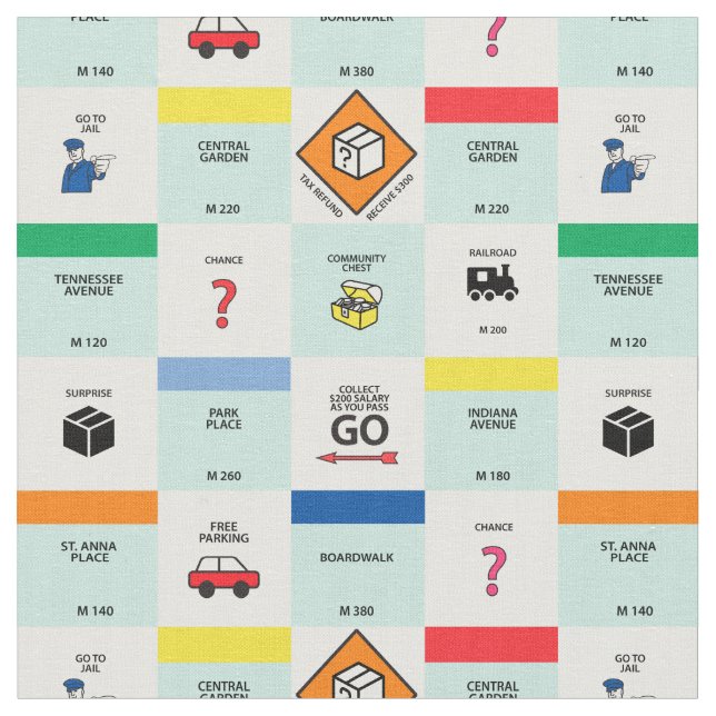 monopoly cardboard game night fabric (Close Up)