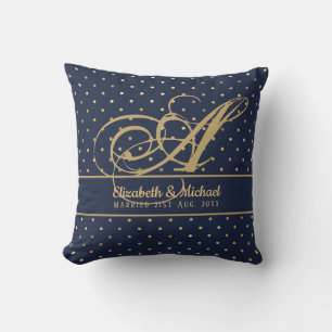 Monorgam Navy Blue Gold Polkadot Newlyweds Wedding Cushion