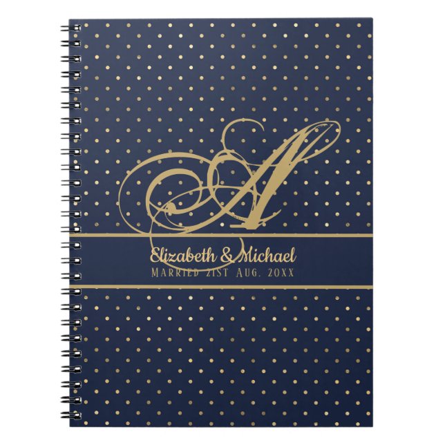 Monorgam Navy Blue Gold Polkadot Newlyweds Wedding Notebook (Front)