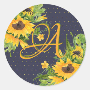 Monorgammed Sunflowers Blue Yellow Decor Modern Classic Round Sticker
