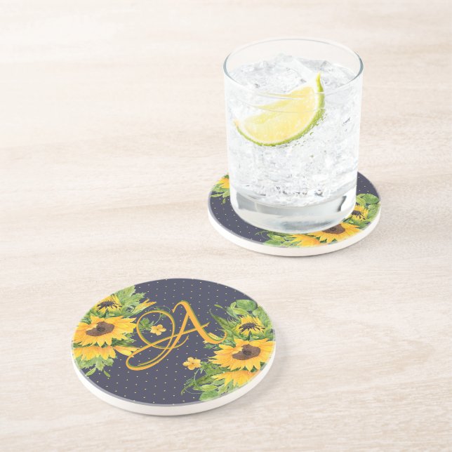 Monorgammed Sunflowers Blue Yellow Decor Modern Coaster (Side)