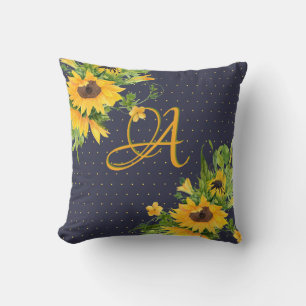 Monorgammed Sunflowers Blue Yellow Decor Modern Cushion