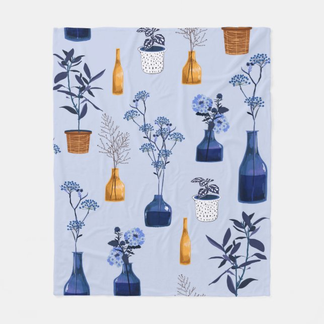 Monotone of modern flowers and vase ,pot  with bot fleece blanket (Front)