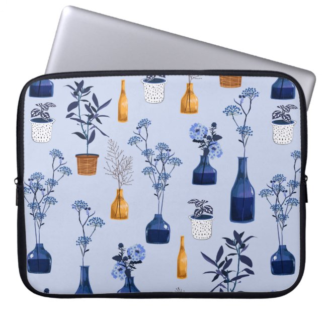 Monotone of modern flowers and vase ,pot  with bot laptop sleeve (Front)