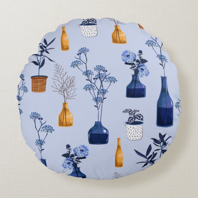 Monotone of modern flowers and vase ,pot  with bot round cushion (Front)
