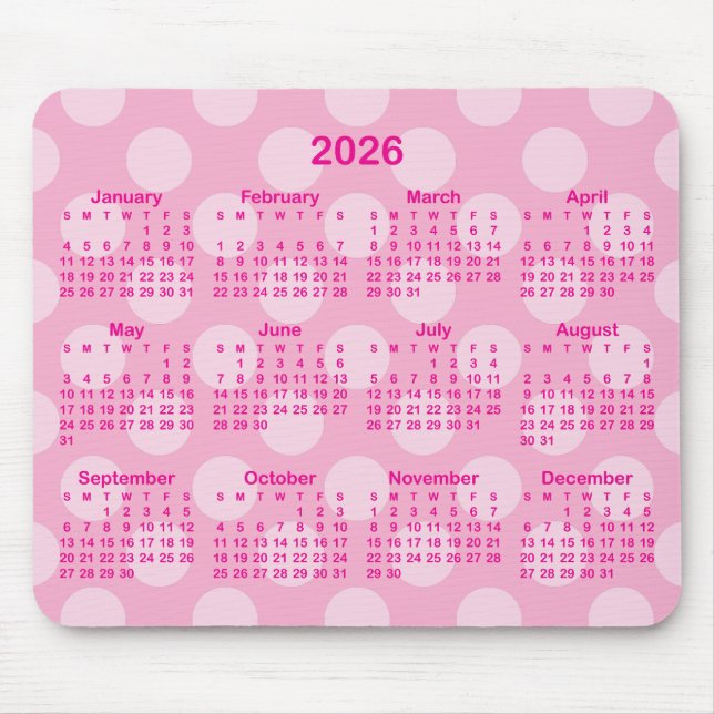 Monotone Polka Dot Hot Pink 2026 Calendar Mouse Mat (Front)