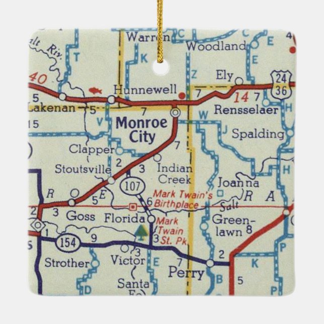 Monroe City MO Vintage Map Ceramic Ornament (Back)