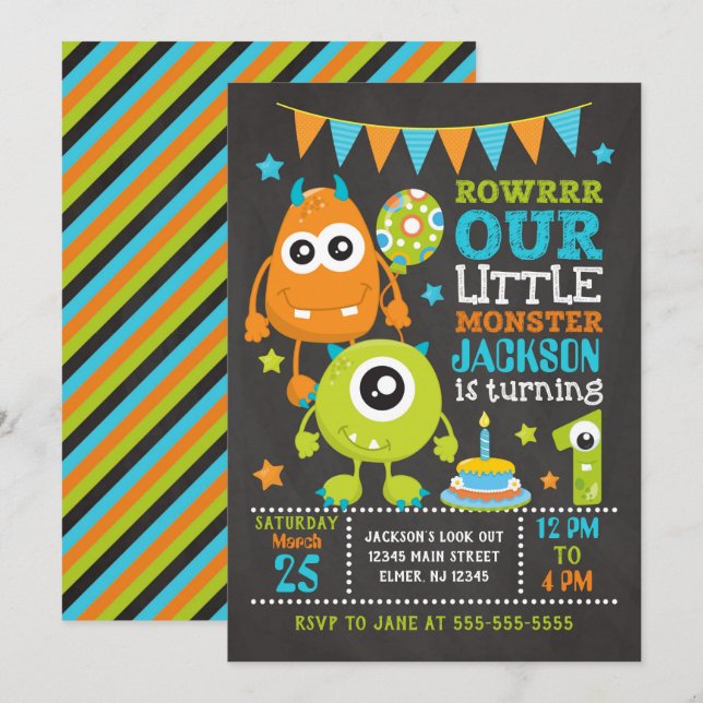 Monster 1st Birthday Invitation (Front/Back)