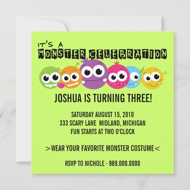Monster Bash Birthday Party Invitations (Front)