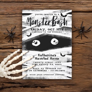Monster Bash   Black & White Mummy Halloween Party Invitation