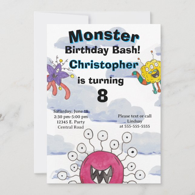 Monster Bash in the Clouds Birthday Invitation (Front)