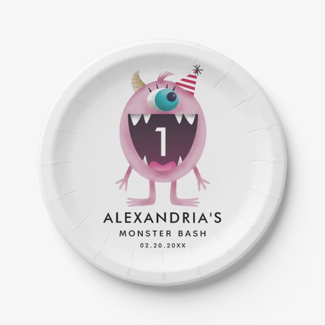 Monster Bash Kids Birthday Party Pink Paper Plate (Front)