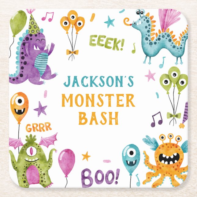 Monster Bash Little Monster Birthday Party Square Paper Coaster (Front)