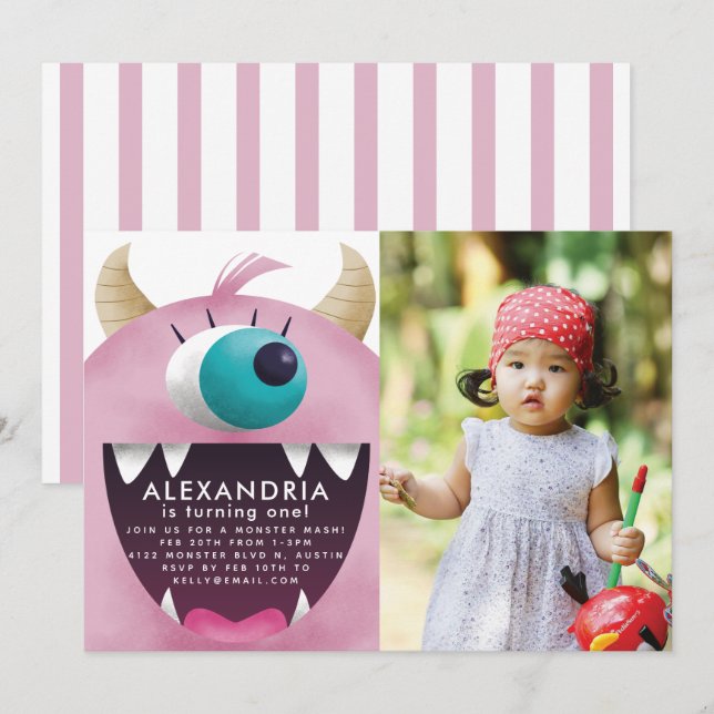 Monster Bash Pink Birthday Party Photo Invitation (Front/Back)