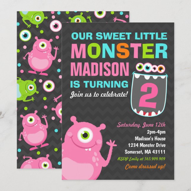 Monster Birthday Invitation Pink Monster Party (Front/Back)