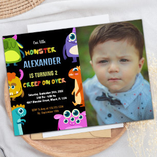 Monster Birthday Invitations Black with photo