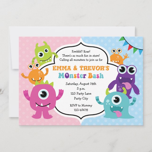 Monster Birthday Invitations (Boy / Girl / Twins) (Front)