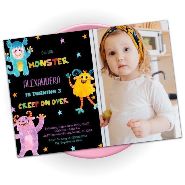 Monster Birthday Invitations purple Black w photo (Monster Birthday Invitations purple Black w photo)