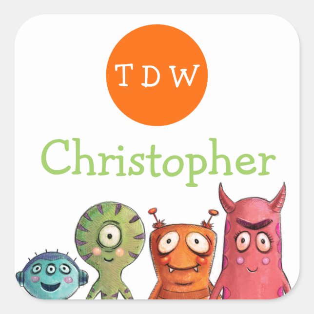 Monster Birthday Party Monogrammed Stickers (Front)