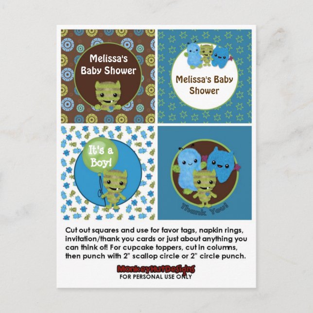 MONSTER Boy Baby Shower Cupcake Topper Peek a Boo Invitation Postcard (Front)