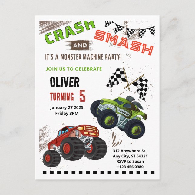 Monster Car Truck Kid Birthday Party Postcard (Front)