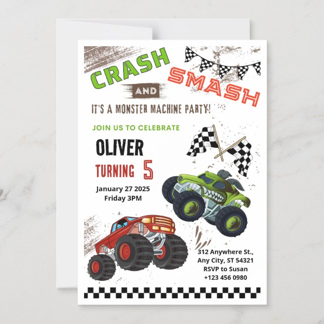 Monster Car Truck Kids Birthday Magnetic Card (Front)