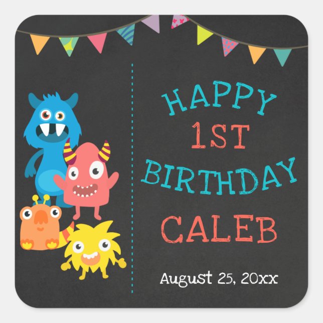 Monster Chalkboard First Birthday Baby Boys Square Sticker (Front)