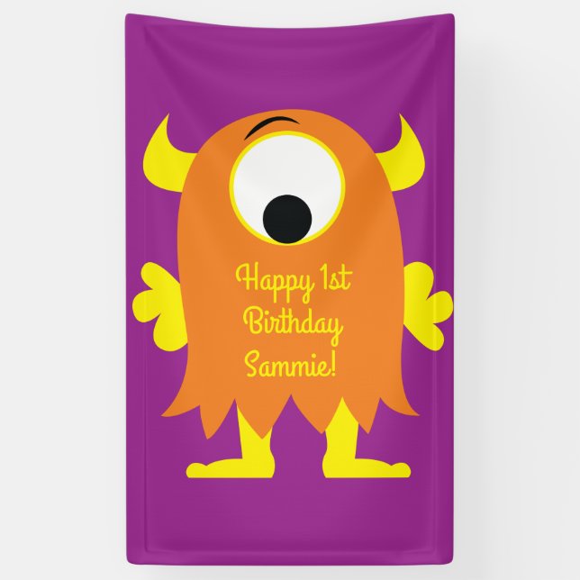 Monster Cute Funny 1st Birthday Party Theme Banner (Vertical)