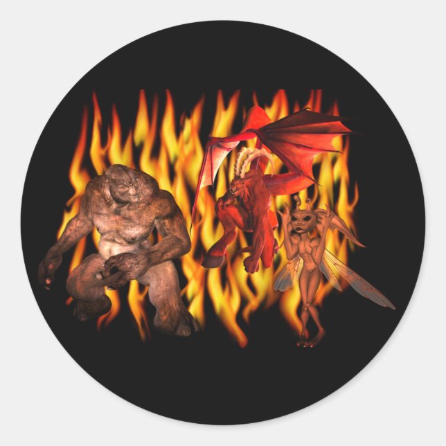 Monster Demon Goblin Flames Halloween  Classic Round Sticker (Front)