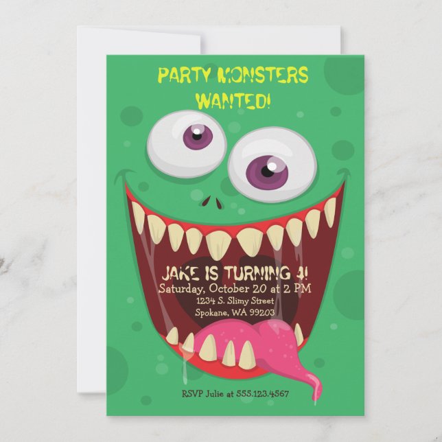 Monster Face Party Monsters Wanted Birthday Party Invitation (Front)