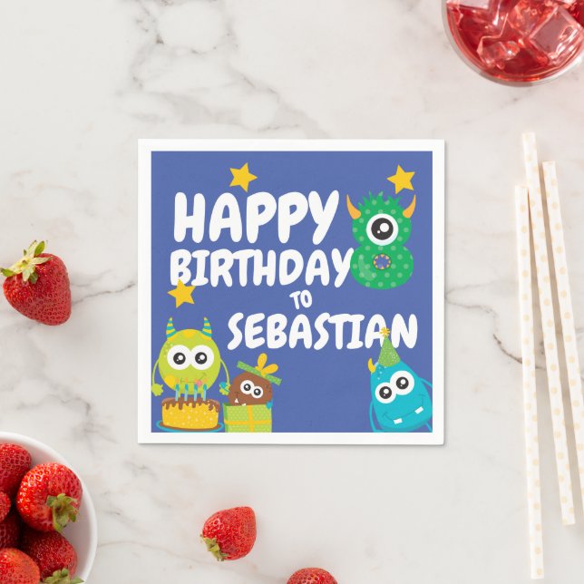 Monster Fun Eight Year Old Birthday Personalised Napkin (Insitu)