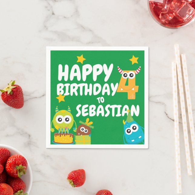 Monster Fun Four Year Old Birthday Personalised Napkin (Insitu)