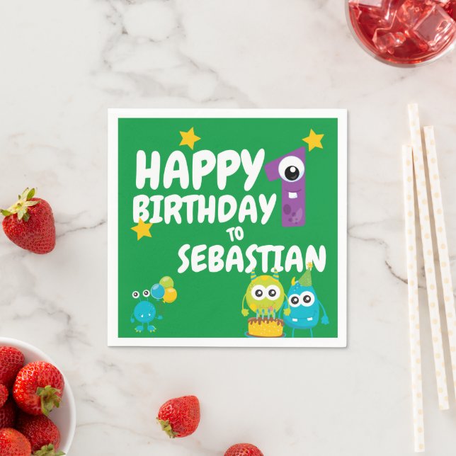 Monster Fun One Year Old Birthday Personalised Napkin (Insitu)