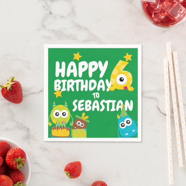 Monster Fun Six Year Old Birthday Personalised Napkin (Insitu)