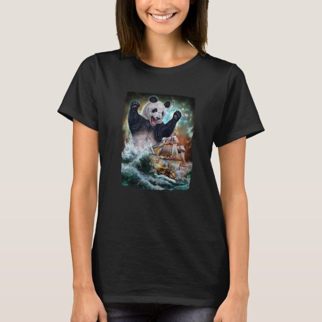 Monster Giant Panda As Kraken Attack A War Ship At T-Shirt (Front)