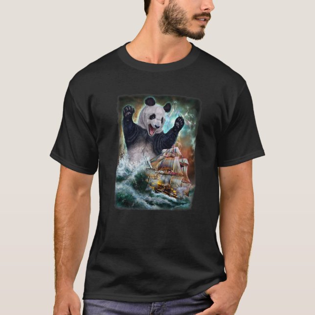 Monster Giant Panda As Kraken Attack A War Ship At T-Shirt (Front)